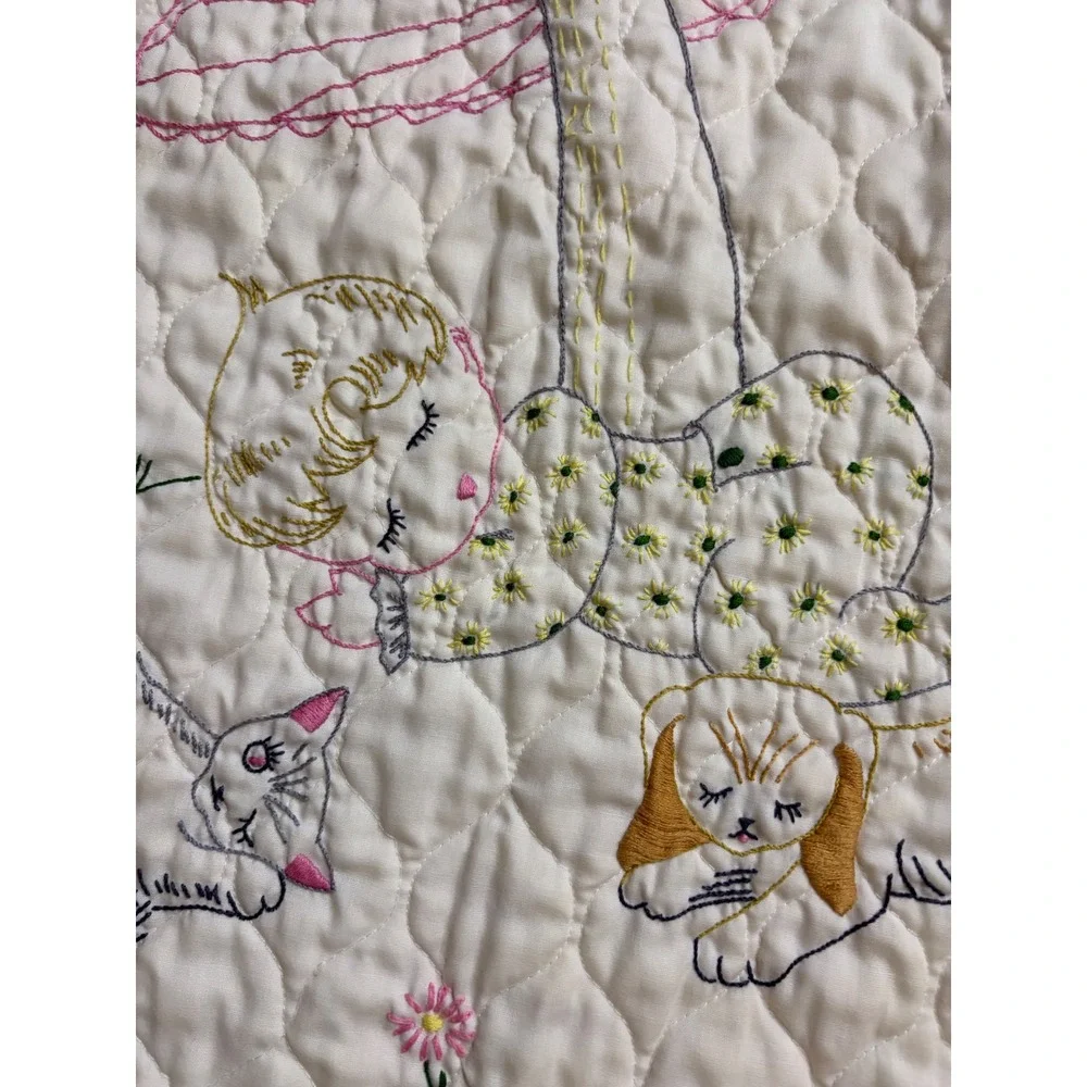 Vintage 70s Hand Embroidered Quilt Baby Blanket Mushroom Cat Dog Cottagecore